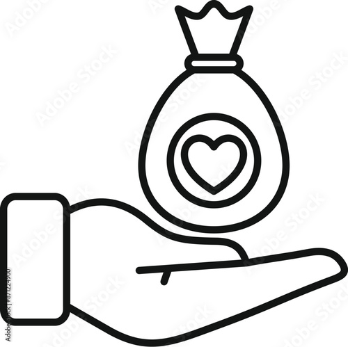 Line icon of a hand holding a money bag with a heart, representing charitable giving