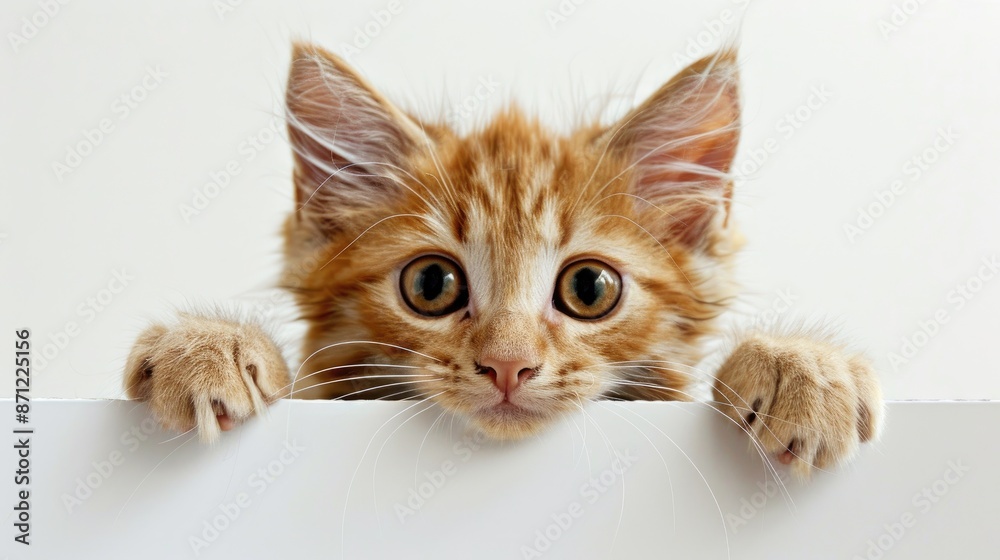 Curious kitten peeking over sign white background Curious kitten peeking over sign white background