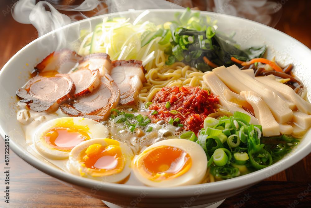 Steaming Bowl of Ramen with Pork, Soft-Boiled Eggs, and Vegetables Steaming Bowl of Ramen with Pork, Soft-Boiled Eggs, and Vegetables