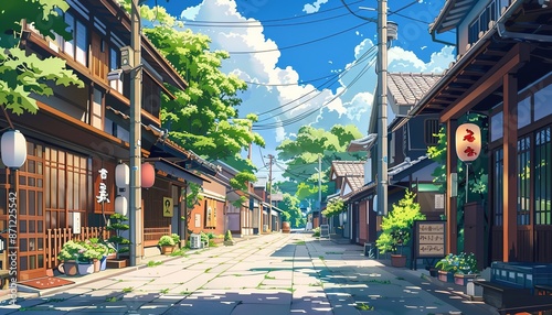 Sunny Afternoon Stroll Through a Traditional Japanese Street, cartoon