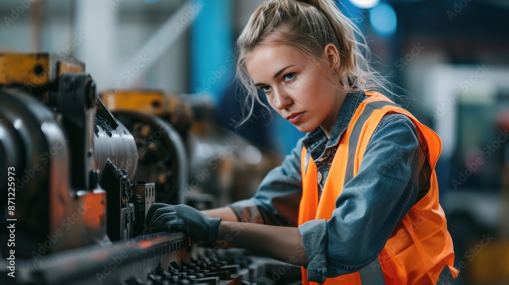 Focused female factory worker operating industrial machinery in a manufacturing facility wearing safety gear and high-visibility vest. Focused female factory worker operating industrial machinery in a manufacturing facility wearing safety gear and high-visibility vest.