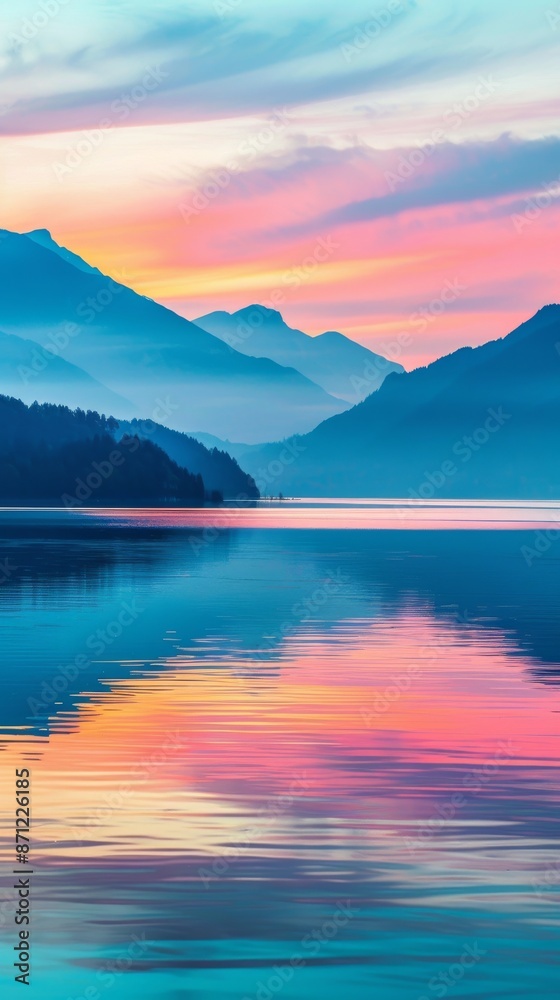 Mountain lake with colorful sunset reflecting in water, serene and tranquil landscape. Nature and tranquility concept Mountain lake with colorful sunset reflecting in water, serene and tranquil landscape. Nature and tranquility concept
