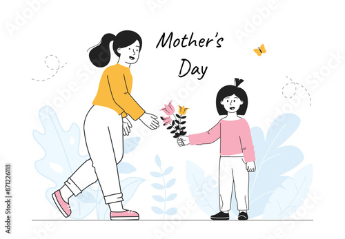 Mothers Day poster. Girl gives bouquet of flowers to woman. International holiday and festival May 11. Kid love parent. Linear vector illustration