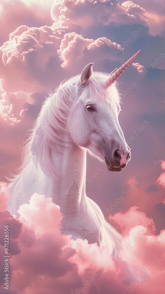 Majestic white unicorn in dreamy pink clouds, surreal fantasy art. Mythical creature and dreamlike landscape concept Majestic white unicorn in dreamy pink clouds, surreal fantasy art. Mythical creature and dreamlike landscape concept