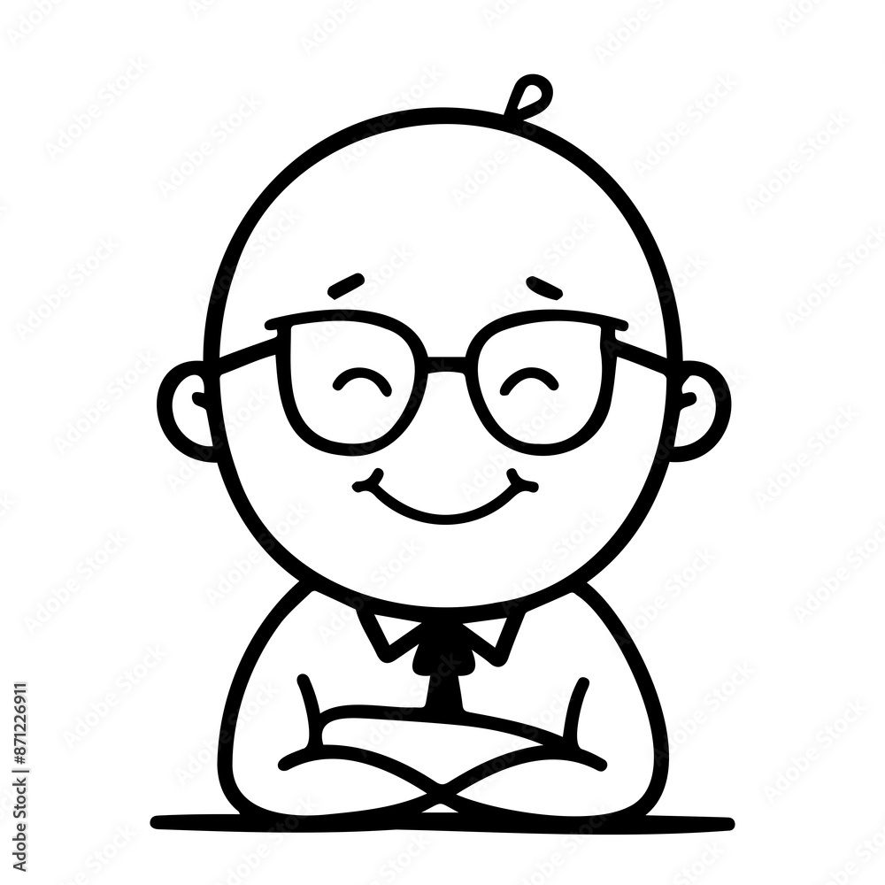 Black and white line art illustration of a smiling cartoon person with glasses, ideal for educational or professional use. Black and white line art illustration of a smiling cartoon person with glasses, ideal for educational or professional use.