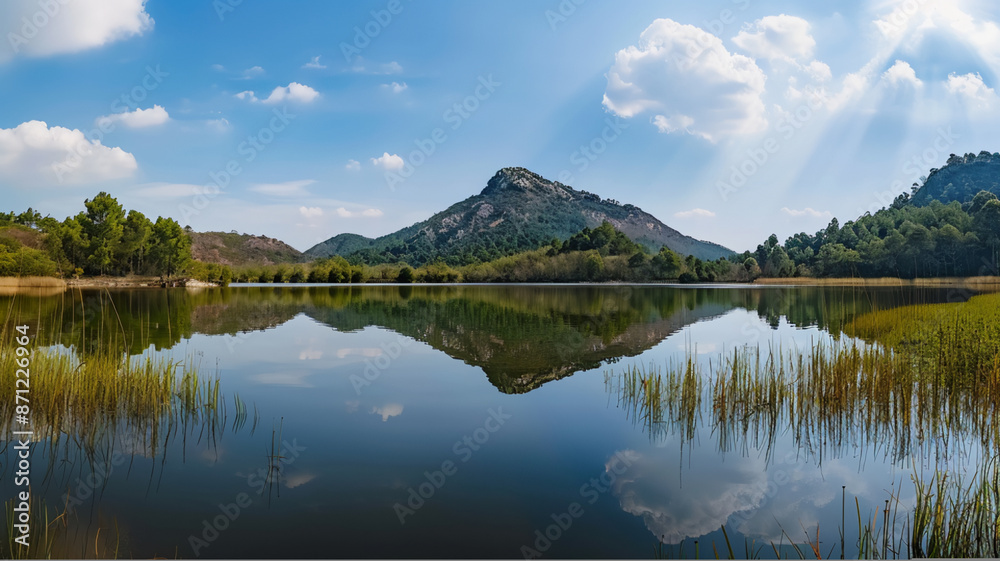 Fototapeta premium a mountain reflecting in water, AI Generative
