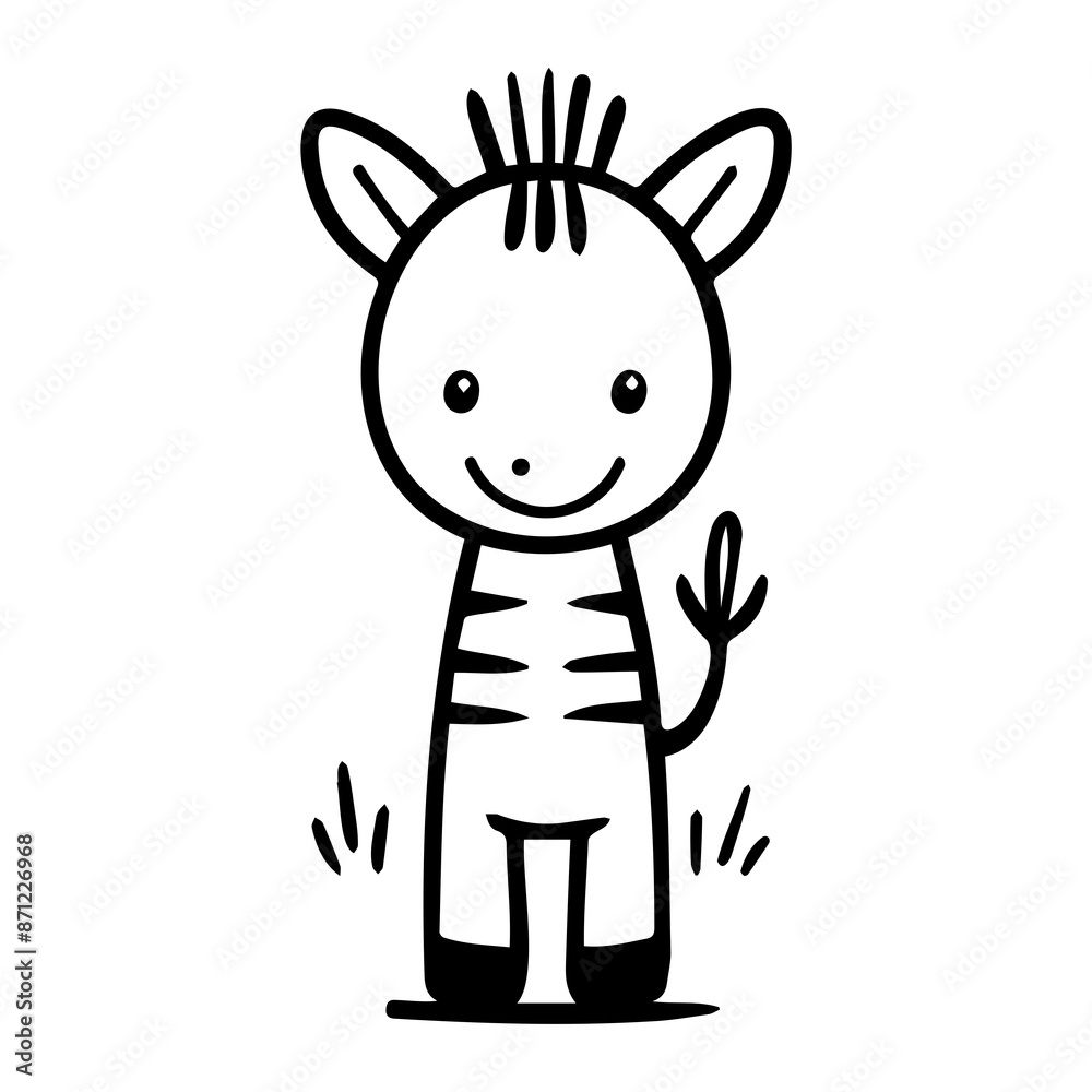 Adorable black and white hand-drawn illustration of a smiling zebra standing in grass, perfect for children's designs.