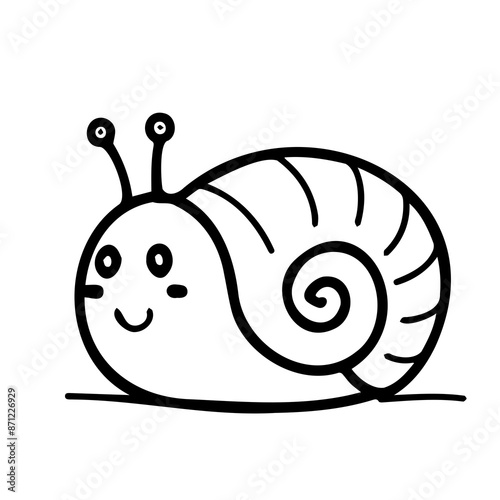 A charming cartoon drawing of a smiling snail with a spiral shell, illustrated in a simple and cute style.