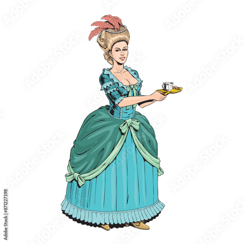 Beautiful aristocratic woman, princess, duchess or queen in an elegant dress holds a cup of coffee or tea. Noble French lady in an luxury dress isolated on a white background vector illustration