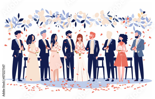 Wedding party with bridesmaids and groomsmen celebrating with the bride and groom, surrounded by decorations