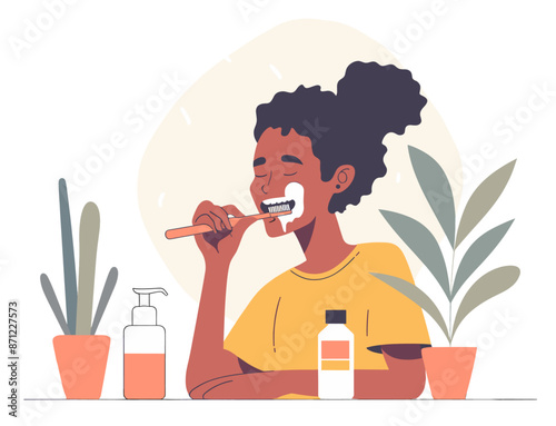 Woman brushing her teeth in the bathroom, maintaining oral hygiene