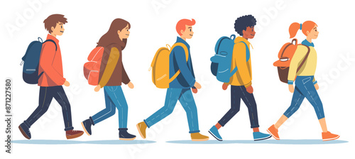 Group of students walking together with backpacks, dressed casually and heading to school.