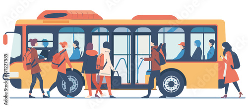 Group of people boarding a yellow city bus, with some passengers already seated inside, ready for transit.