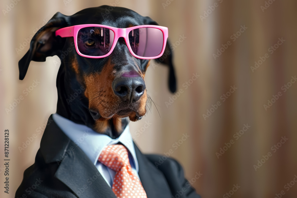 Dobermann wearing pink sunglasses and a suit with a tie Dobermann wearing pink sunglasses and a suit with a tie