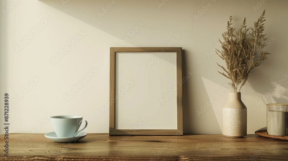 Coffee cup and picture frame placed on wooden surface against white backdrop Coffee cup and picture frame placed on wooden surface against white backdrop