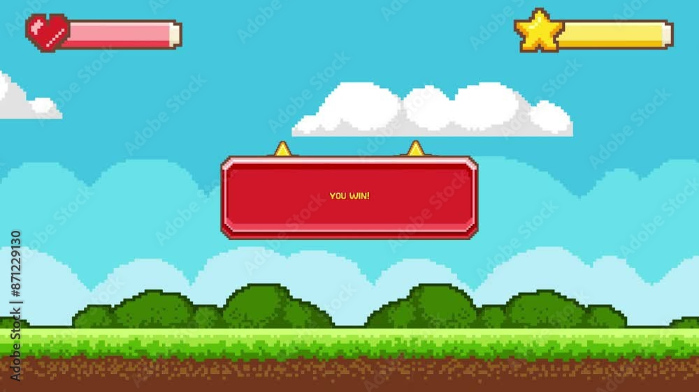 Pixel game you win. Moving banner with cup and congrlatulations. Completing level in arcade or video game. Pixelization and 8 bit style. Entertainment and fun. Graphic animated video clip