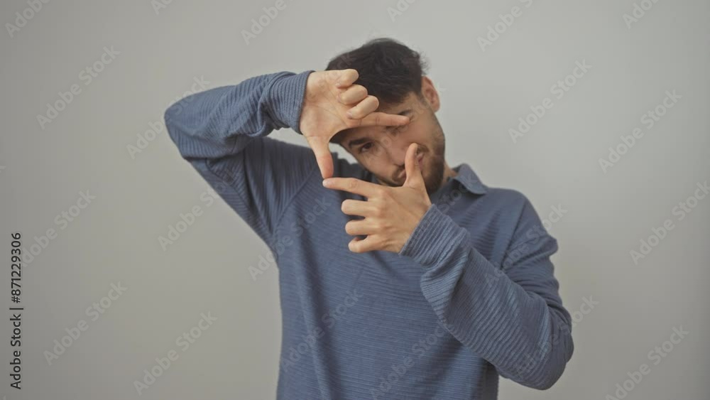 Happy young arab man, creatively framing his smiling face with hands over an isolated white background, a conceptual perspective embodying photography, creativity, and art
