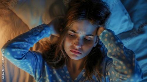 Top above view of young woman with upset and frustrated face expression, cant sleep in bed at night. Girl insomnia stress, sleepless tired female adult person problem, awake, depression, anxiety