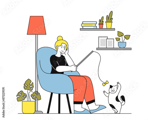 Woman playing with cat. Young girl sits on chair and plays with pet and domestic animal. Owner plays with kitten indoors. Bow on stick. Linear flat vector illustration
