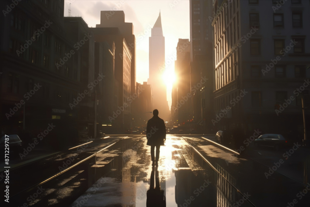 Obraz premium person walking alone through city