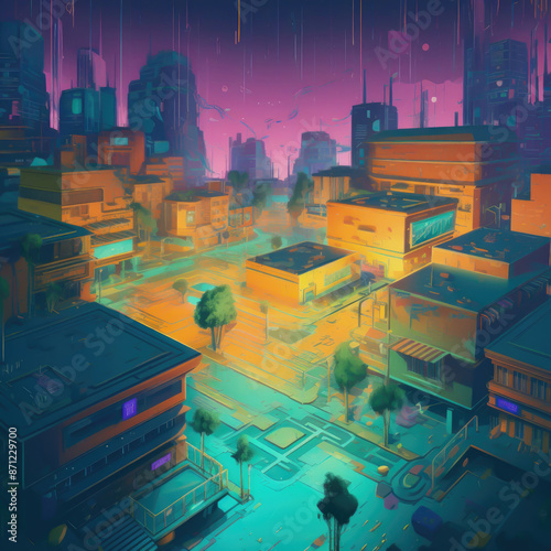 abstract illustrated futuristic city at night 