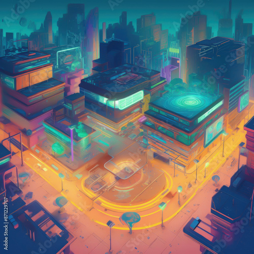 abstract illustrated futuristic city at night 