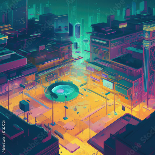 abstract illustrated futuristic city at night 