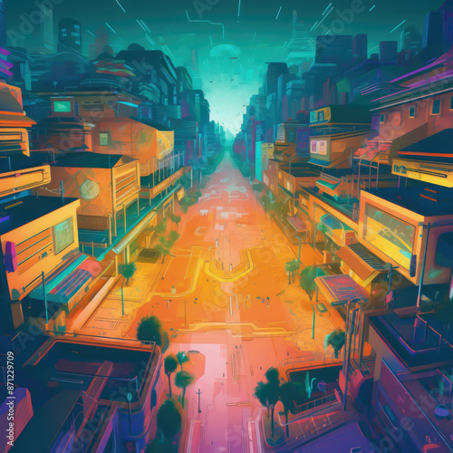 abstract illustrated futuristic city at night 