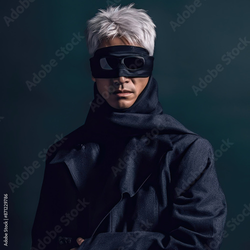 mature asian male model with grey hair and winter jacket