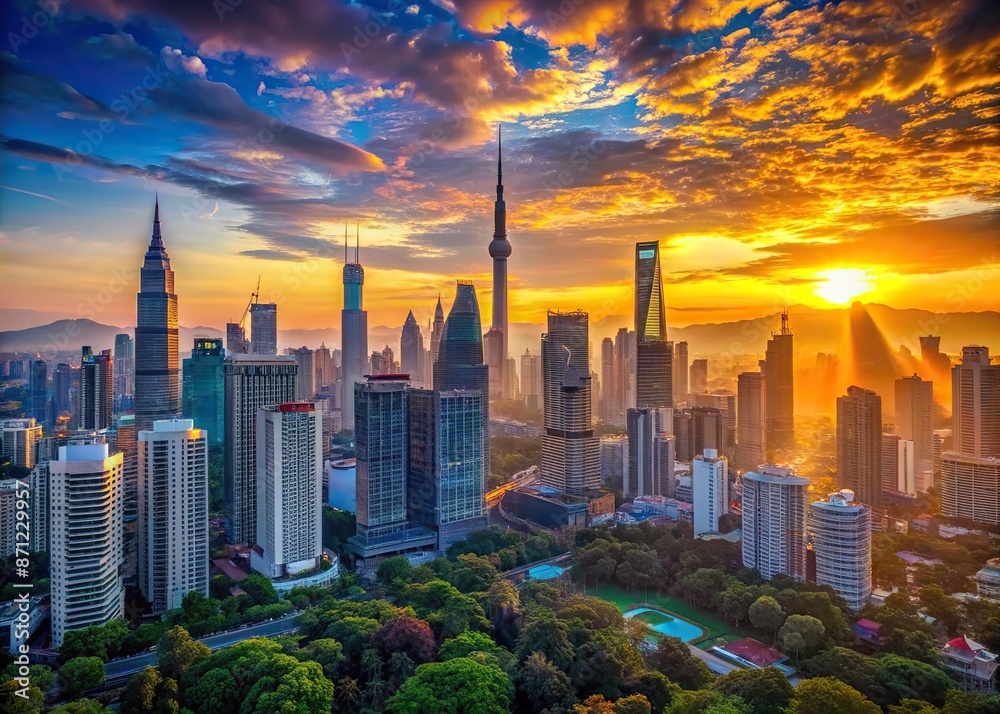 Obraz premium Breathtaking aerial panorama of Kuala Lumpur's majestic skyline at sunrise, featuring the iconic 118 Tower, set against a vibrant orange and blue horizon on July 22, 2023.