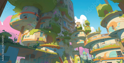 illustration of shady fantasy tropical town in the day