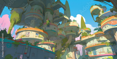 illustration of shady fantasy tropical town in the day