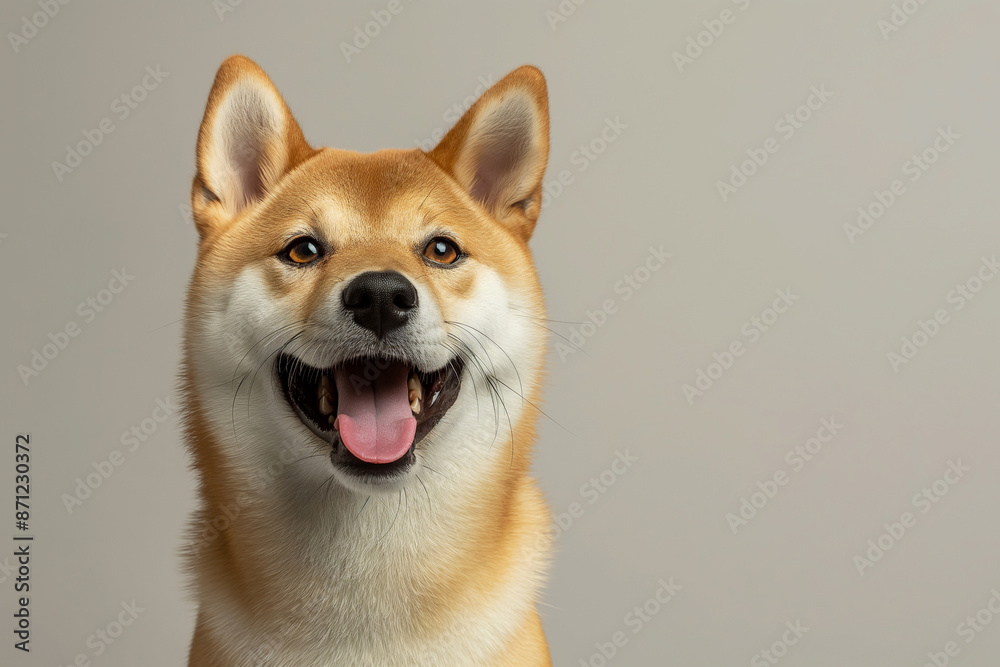 Head shot of a Japanese Shiba Inu dog looking at the camera on a gray studio background Head shot of a Japanese Shiba Inu dog looking at the camera on a gray studio background