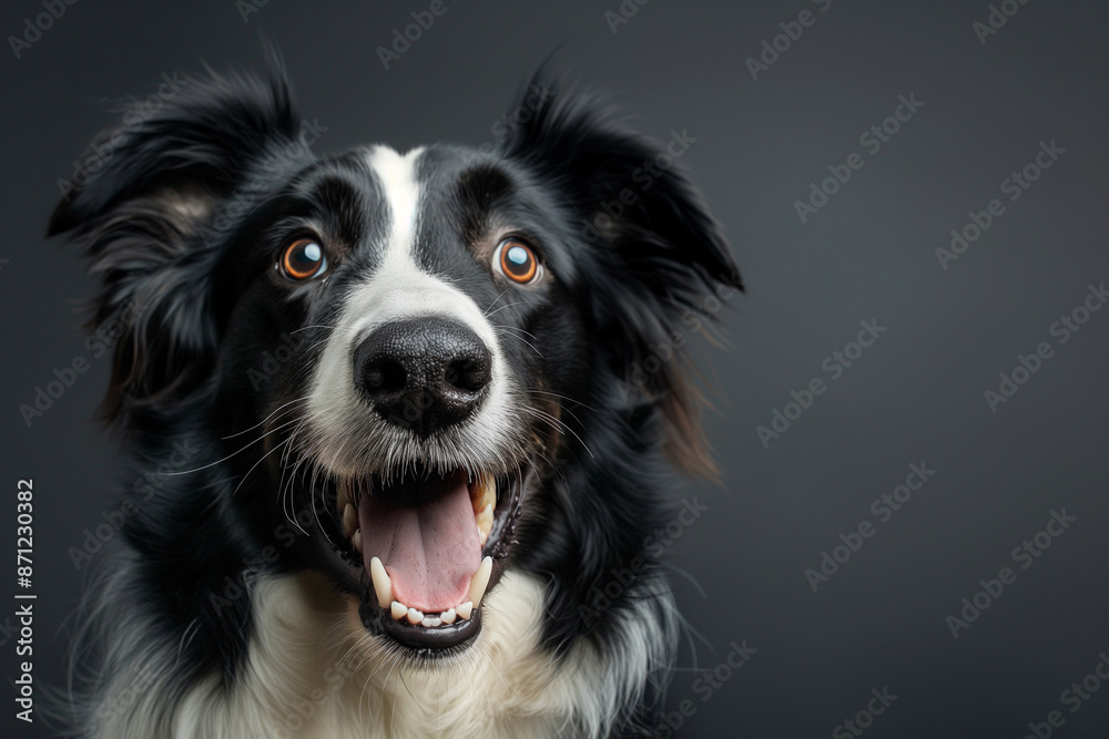 Head shot of black and white border collie dog looking at the camera on a gray studio background Head shot of black and white border collie dog looking at the camera on a gray studio background