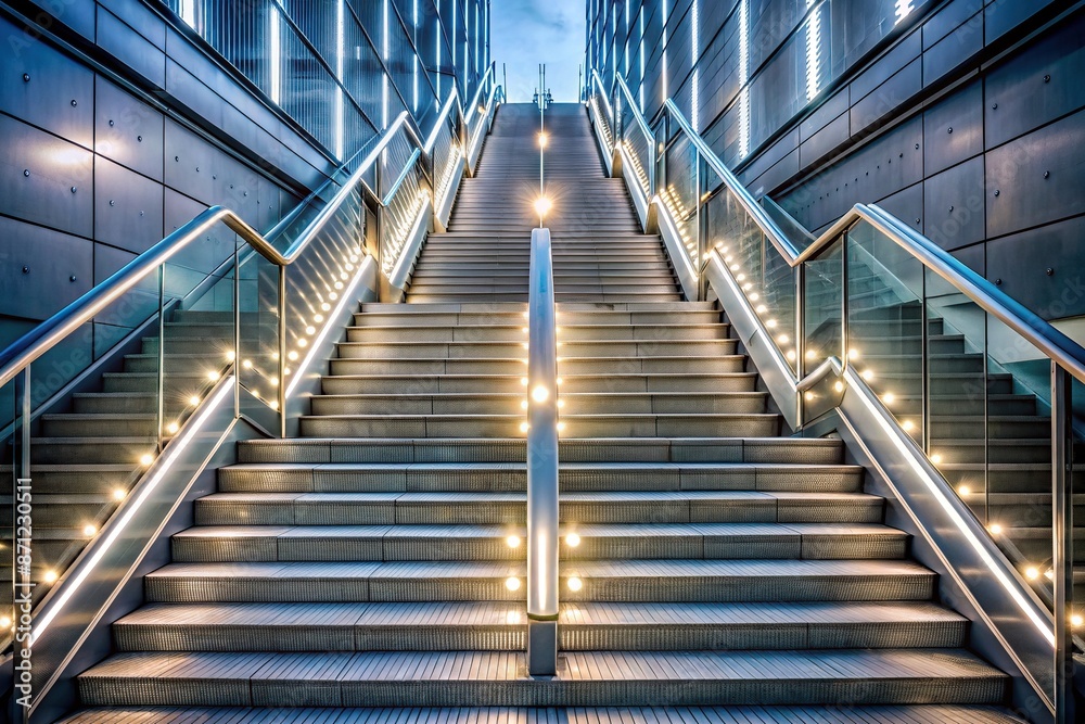 Stairway of sleek, metallic steps with ascending arrows and LED lights, conveying upward mobility, ambition, and achievement in a modern, minimalist, corporate setting. Stairway of sleek, metallic steps with ascending arrows and LED lights, conveying upward mobility, ambition, and achievement in a modern, minimalist, corporate setting.