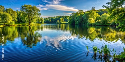 Serene summer lake scenery with ripples on calm water and lush green trees along the tranquil shoreline, perfect for relaxation and recreational activities.