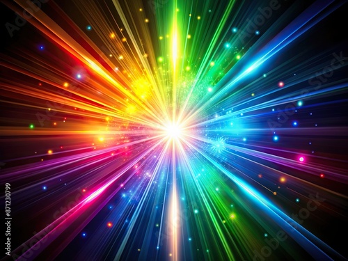 Vibrant prism rainbow light flares explode across a pure black background, radiating mesmerizing colors and stunning optical effects in a futuristic abstract design element.