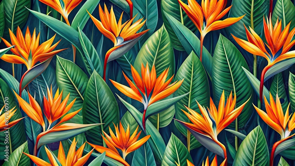 Vibrant seamless pattern featuring stunning strelitzia flowers with bright orange beaks and lush green leaves on a bold exotic background perfect for design. Vibrant seamless pattern featuring stunning strelitzia flowers with bright orange beaks and lush green leaves on a bold exotic background perfect for design.