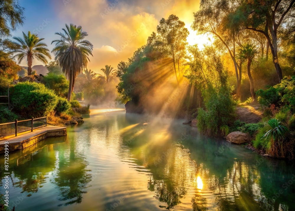 Serene golden light illuminates the tranquil Jordan River, surrounded by lush greenery and misty atmosphere, symbolizing the sacred baptismal site of Jesus Christ. Serene golden light illuminates the tranquil Jordan River, surrounded by lush greenery and misty atmosphere, symbolizing the sacred baptismal site of Jesus Christ.