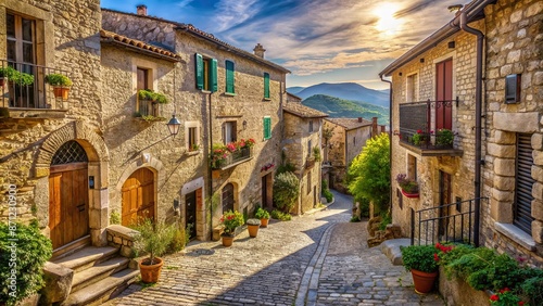 Serene empty street lined with ancient stone houses in Fossato di Vico, Italy, showcasing historic architecture and rustic charm under a warm sunny sky.