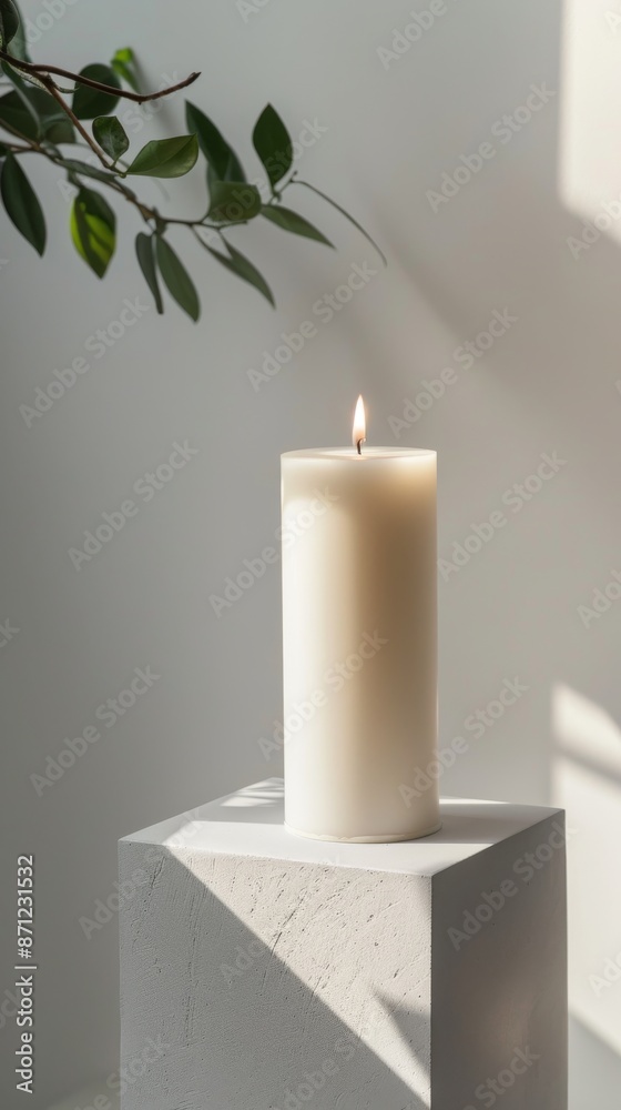 Lit white candle on pedestal with green leaves, minimalistic decor. Calm and serene atmosphere concept Lit white candle on pedestal with green leaves, minimalistic decor. Calm and serene atmosphere concept