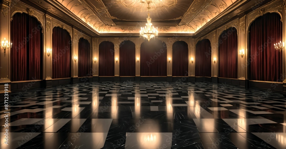 Obraz premium palace ballroom castle mansion interior design. baroque victorian empty lavish luxurious room decor. reflective dark stone floor, gold and red detailing, and intricate designs.
