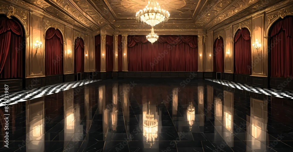 Obraz premium palace ballroom castle mansion interior design. baroque victorian empty lavish luxurious room decor. reflective dark stone floor, gold and red detailing, and intricate designs.