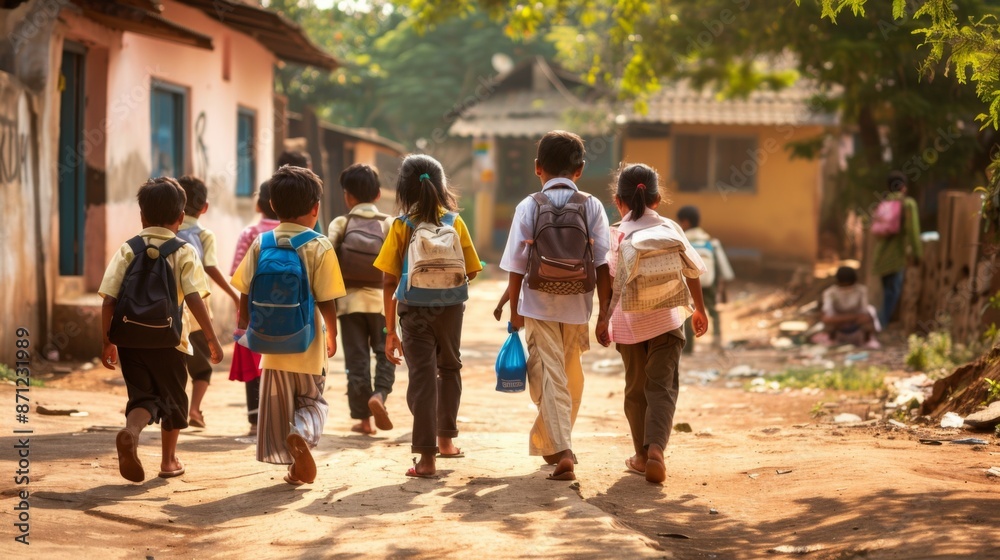 A group of children, carrying backpacks, walk through a sunny village street towards school, capturing a moment of youthful innocence, camaraderie, and the promise of a new day. A group of children, carrying backpacks, walk through a sunny village street towards school, capturing a moment of youthful innocence, camaraderie, and the promise of a new day.