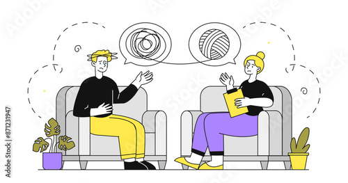 Psychologist with client. Man and woman discuss psychological problems. Patient and doctor. Diagnosis and treatment. Mental health care. Linear flat vector illustration