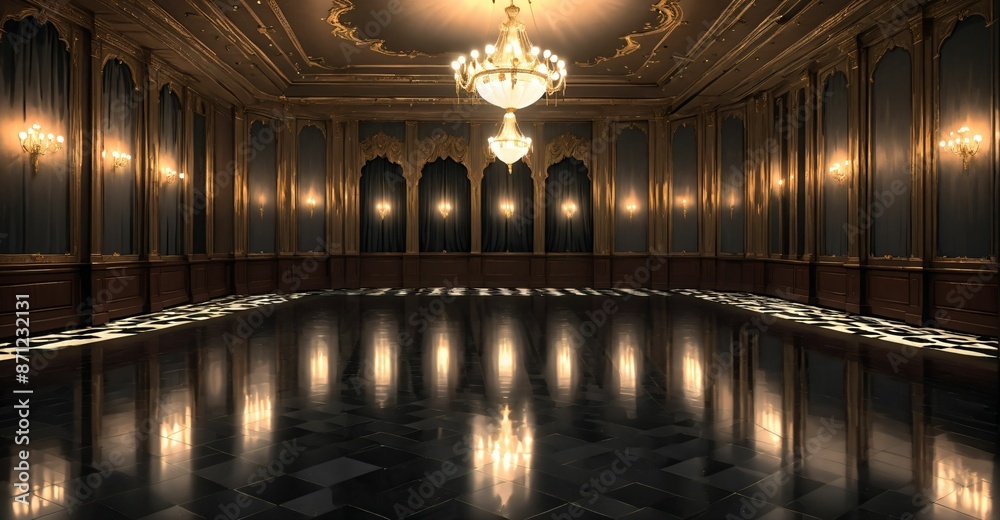 Obraz premium palace ballroom castle mansion interior design. baroque victorian empty lavish luxurious room decor. reflective dark stone floor, gold and red detailing, and intricate designs.