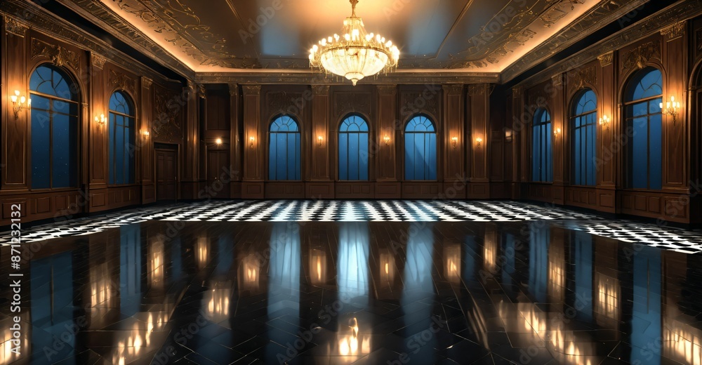 Obraz premium palace ballroom castle mansion interior design. baroque victorian empty lavish luxurious room decor. reflective dark stone floor, gold and red detailing, and intricate designs.