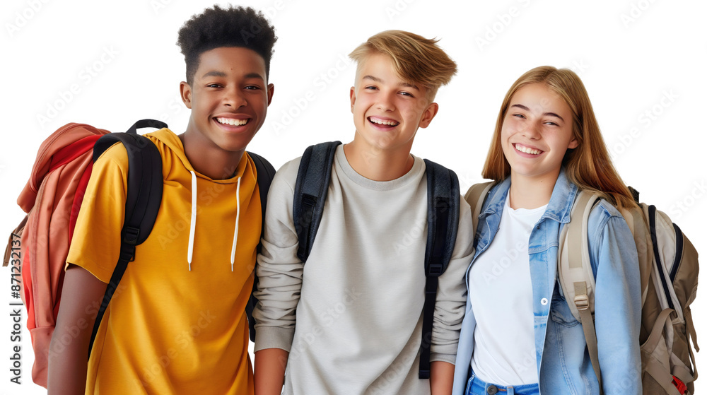 Portrait of group of happy smiling diverse friends, teenager African American and Caucasian multiethnic multiracial boys and girl wearing backpacks isolated. Student classmates laughing, gen z