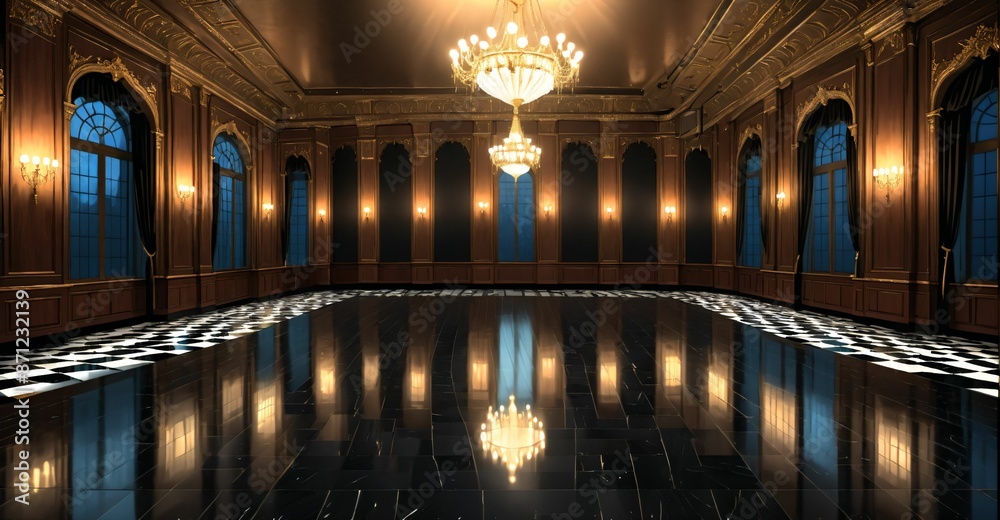 Obraz premium palace ballroom castle mansion interior design. baroque victorian empty lavish luxurious room decor. reflective dark stone floor, gold and red detailing, and intricate designs.