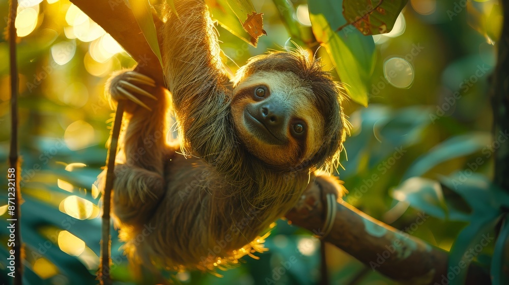 A sloth hanging upside down from a tree branch in a tropical rainforest, with lush greenery and dappled sunlight, midday light A sloth hanging upside down from a tree branch in a tropical rainforest, with lush greenery and dappled sunlight, midday light